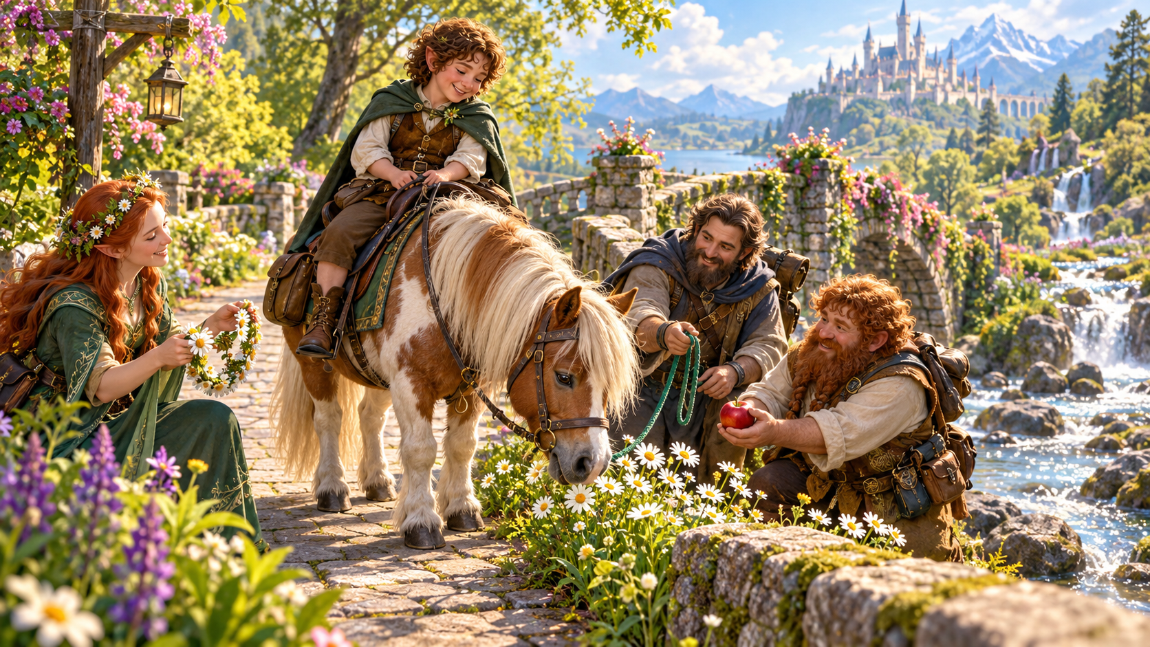 A pony noses daisies beside a village path while its rider stays seated and companions offer an apple and gentle encouragement