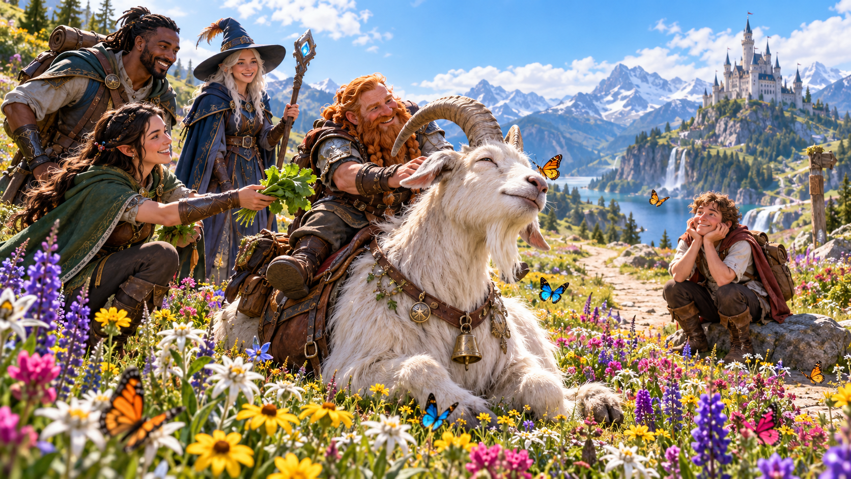 A giant goat sits in a flower meadow watching butterflies while its rider and companions offer greens and patient attention