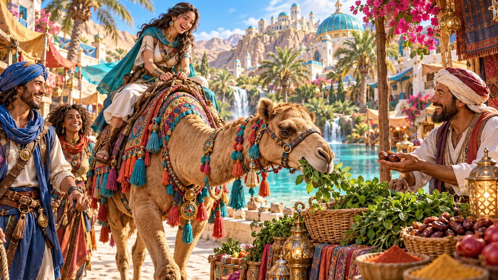 A decorated camel pauses for greens at an oasis market with its seated rider and companions beside a date seller