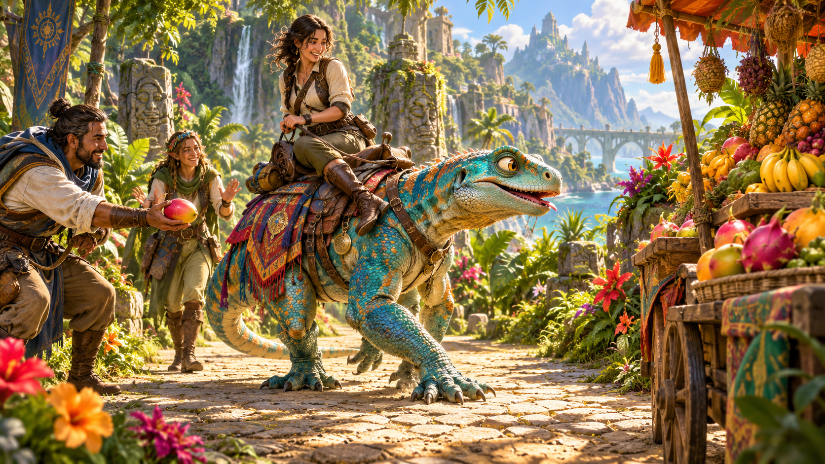 A turquoise riding lizard pauses beside a jungle fruit stall while a companion offers mango and its rider stays seated